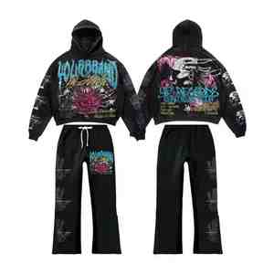 ชุดเซ็ตแทรคสูทสตรีทแวร์วินเทจทรงโอเวอร์ไซส์แบบครอป แต่งริ้วเพชรแบบสั่งทำพิเศษ ปี 2026 สำหรับทุกเพศ ทรงขาบาน ขาดๆ แบบดิสเทรส สไตล์สตรีทแฟชั่นฤดูหนาว - Product Image 1