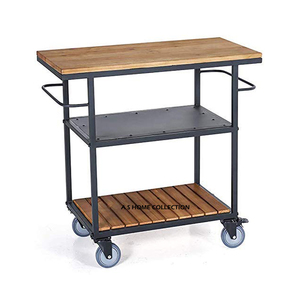 Chariot en bois naturel avec cadre design en métal de couleur noire et étagères de rangement à roues verrouillables à usage de cadeaux roulants - Product Image 1