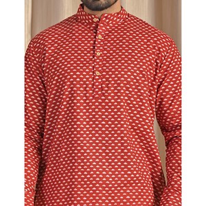 Kurta court en coton popeline bleu imprimé pour homme, chemise décontractée à manches longues, respirante et confortable - Product Image 2