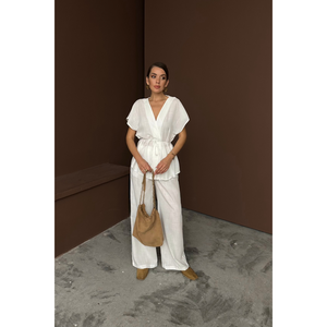 Conjunto de Blusa y Pantalones de Lino para Mujer, Cuello en V, Cintura con Lazo, Color Blanco - Product Image 2