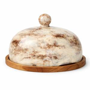 Plat à beurre en résine effet marbre jaune avec plateau en bois, couvercle décoratif pour servir les aliments sur la table de petit-déjeuner - Product Image 5