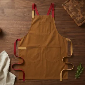 Classic Bib <b>Apron</b> Canvas Adjustable <b>Waist</b> Red Straps Brown Reusable Lightweight Water Resistant Fashionable Daily Use - Product Image 1