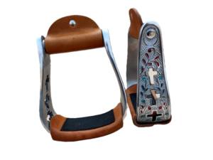 Estribos de Aluminio para Montar a Caballo con Cubierta de Cuero Genuino, Diseño de Cruz de Jesús, Cierre de Gancho y Bucle, Grabado con Pedrería, Duraderos - Product Image 2