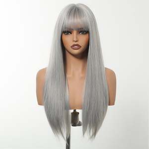 Skylar-DWY High Quality Long Straight Sliver Synthetic <b>Wig</b> Transparent Lace Bangs Small Cap Size 30 Inches Stretched for Women - Product Image 3