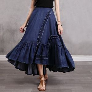 Jupe midi trapèze en jean pour femme, brodée à la main, patchwork, coupe décontractée, en coton délavé, style printemps - Product Image 3