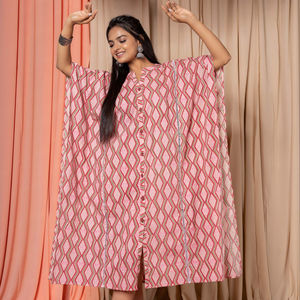 New Fashionable Cotton Block Printed Short Sleeves Button Down Casual <b>Women</b> Lace up <b>Kaftan</b> - Product Image 2