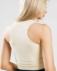 94% algodón 6% Spandex escote redondo sin mangas Racerback estilo línea larga mujeres transpirable ajustado rendimiento Crop Tank Top - Product Image 4