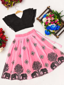 Ropa Étnica para Niñas, Lehenga Choli Rosa, Largo hasta el Suelo, Secado Rápido, Shoryam, Top Negro a Capas, Elegante, para Fiestas - Product Image 2