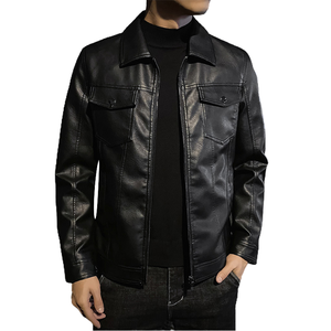 Veste à capuche en cuir véritable pour homme, noire, douce, style motard, avec col montant et poches sur le devant - Product Image 1