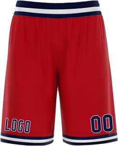 Shorts de basketball respirants en mesh rouge avec bordure bleue et blanche, logo et numéros sublimés, pour jeu en extérieur, unisexe, adulte, coupe régulière, élastique - Product Image 5