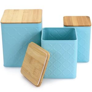 Boîte en métal à motifs bleu ciel en gros avec couvercle en bois - Product Image 4