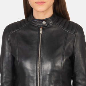 Kelsee Stand Collar <b>Biker</b> <b>Jacket</b> in Black Leather for Autumn - Product Image 6