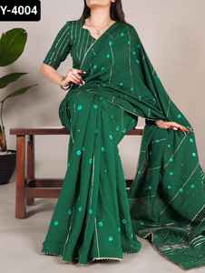 Vêtements ethniques indiens Viscose Chanderi Matériel Fantaisie Saree Paillettes avec ligne Zari et Gota Patti Dentelle Bordure Saree avec Blouse - Product Image 4