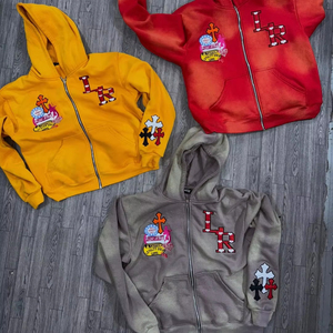 Sudadera con capucha para hombre, personalizada, al por mayor, estilo vintage, con lavado ácido, desgastada, con bolsillos, con cremallera, de gran tamaño, de tejido grueso, con diseño de araña - Product Image 1