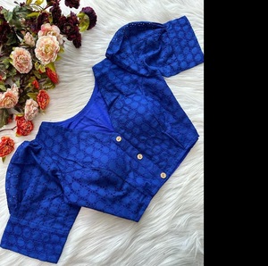Blusa Sari de boutique India Diseñador nupcial Algodón de lujo Última manga abullonada Color azul Ropa de fiesta Blusa exclusiva ética - Product Image 1