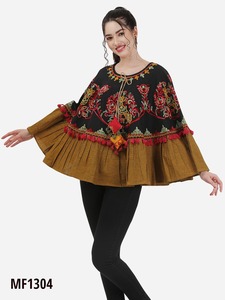 เสื้อปอนโชผ้าชีฟองทรงกลมสำหรับไซส์ใหญ่พิเศษงานปักทำจากผ้าขนสัตว์ปอกระเจาด้านหน้าด้านหลังประดับผ้าลูกไม้โปร่งปักอะคริลิค - Product Image 4