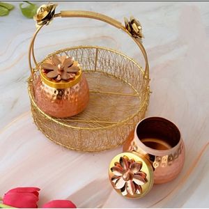 Plateau en métal à motif floral avec 4 pots à fruits secs en fer - Product Image 4