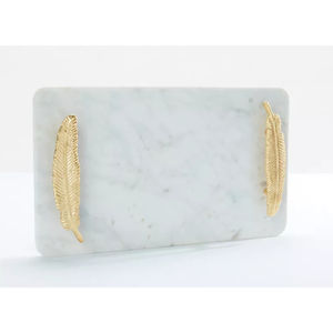 Elegant White Marble Serving Tray Gold Leaf Metal Handles Handcrafted Natural Stone Decorative Item for Home Hotel for Weddings - Product Image 2