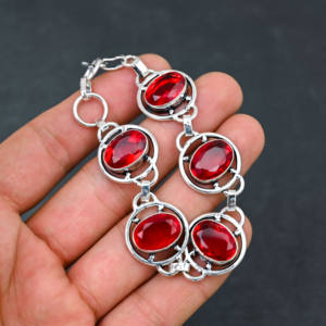 Pulsera de estilo de cadena de piedras preciosas granate rojo creada en laboratorio hecha a mano 925 Chapado en plata IGI certificado regalo de boda de lujo Unisex - Product Image 3