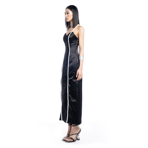 Vietnam froncé Satin avec chérie Satin moulante tressé bretelles robe ODM élégant Sexy robe noire thé-longueur - Product Image 5