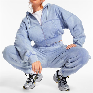 Ensemble de survêtement pour femme de qualité supérieure, sweat-shirt à capuche court personnalisé et pantalon de survêtement d'hiver, jogging zippé avec logo sur le devant, ensemble 2 pièces - Product Image 2
