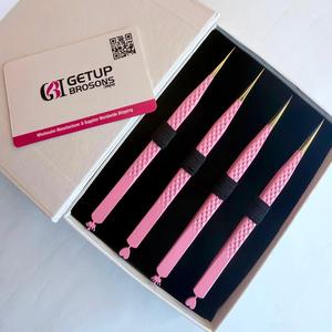 Ensemble de 4 pinces à cils personnalisées avec logo rose, pointe dorée, acier inoxydable, grille diamantée, anti-magnétique, anti-statique, 10 mm - Product Image 3