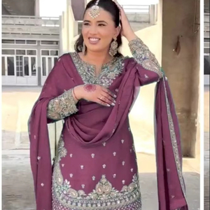 Elegant maroon embroidered sharara <b>suit</b> with heavy zari work matching dupatta traditional jewelry for festive occasions - Product Image 1