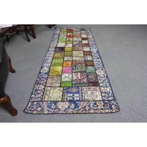 Tapis en laine patchwork bleu fait à la main 2,8 X 8,1ft tapis rectangulaire turc hauteur de pile de peluche pour les adolescents pour le salon couloir Latex - Product Image 3