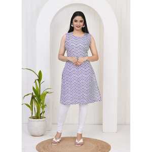 Mujer Púrpura Chevron/Zig Zag Recto Kurti Estampado de moda Algodón con cuello de lazo Media manga Skinny Fit Talla XL - Product Image 4