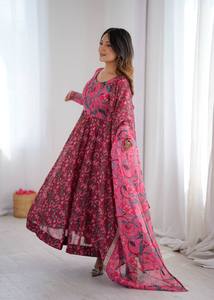 Salwar Kameez Dupatta Estilo Anarkali con Estampado Floral, Muselina Pura, Ropa Casual India y Pakistaní para Mujer, para Bodas, Playa, Fiestas, Secado Rápido - Product Image 3