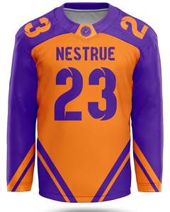 Maillot de hockey sur glace personnalisé orange et violet, uniforme d'équipe, nom et numéro de joueur personnalisés, design géométrique moderne, vêtements de performance - Product Image 5