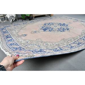 Vintage Turkish Rug 6.9 X 10.2ft <b>Pink</b> Blue Patchwork Design Flat Weave <b>Wool</b> with Latex Backing for Living Room Decorations - Product Image 5
