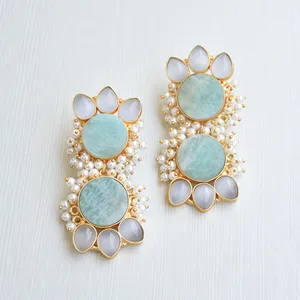 Amazonite Statement long drop earrings Gold Plated fashion jewelry Designer Wedding Custom Branded earrings Wholesaler Indian