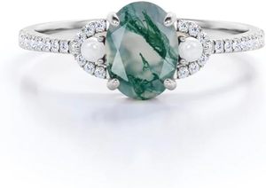 Anillo de Compromiso Clásico para Mujer, Plata de Ley 925, con Ágata Musgosa Natural, Corte Ovalado, Engaste de Garras, Fino - Product Image 4
