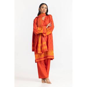 Ensemble 3 pièces en crêpe tricoté imprimé Dhanak orange pour femme, brodé, décontracté, pour le quotidien, avec haut en spandex, tailles XXL XL, collection Printemps - Product Image 1
