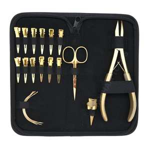 All-In-One Gold Hair Extension tools Kit with Bead Crimper Flat Bead Pressing Plier Quick Ring Hair Scissor Curved Needles <b>Clips</b> - Product Image 1