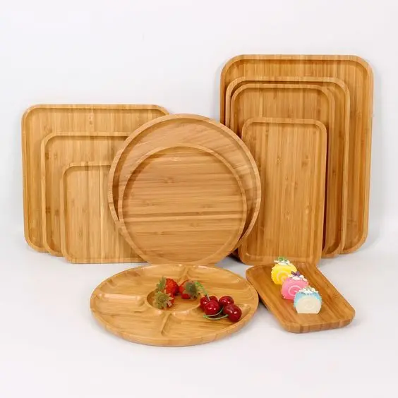 Set Peralatan Makan Kayu Bambu, Set Piring Kayu Buatan Tangan Alami