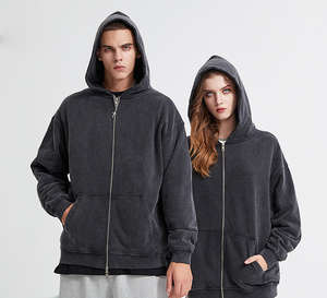 Heavyweight <b>Black</b> <b>Zip</b> up Hoodies Custom 2024 100% Cotton Acid Washed Vintage <b>Zip</b> up <b>Hoodie</b> Fully Custom - Product Image 2