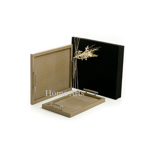 Plateau de service à café thé en bois et cuir avec poignées en marbre forme rectangulaire taille personnalisée plateau de service alimentaire - Product Image 5