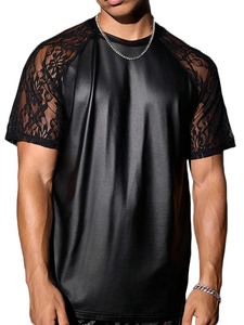 2025 Spring Summer <b>Men's</b> T-<b>Shirt</b> Stylish Patchwork <b>Florals</b> Embroidery Leather Sexy Mesh Short Sleeve Tops 100% Cotton Breathable - Product Image 5