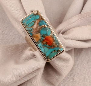 Elegant 925 <b>Sterling</b> <b>Silver</b> Fine <b>Wedding</b> <b>Band</b> with Natural Spiny Oyster Copper Turquoise Filigree Oval Gemstone Ring - Product Image 3