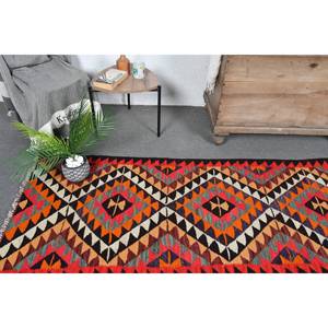 Vintage Turkish Kilim Rug 2.8 X 10ft <b>Red</b> Orange <b>Wool</b> with Latex Backing New Abstract Pattern for Entryway Hallway 9x12 Jute Rug - Product Image 2