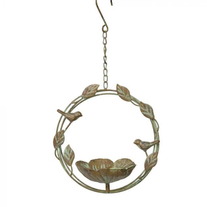 Comedero redondo de metal para pájaros con diseño de hoja y pájaro para uso en jardín exterior, resistente al óxido, hecho a mano. - Product Image 1