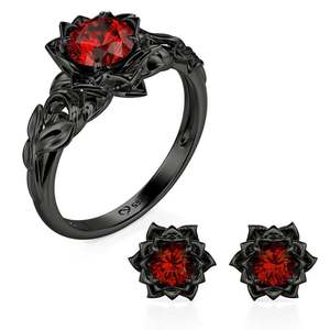 Ensemble bague et boucles d'oreilles vintage gothique noir avec perle de lotus et diamant en laiton plaqué or - Product Image 1