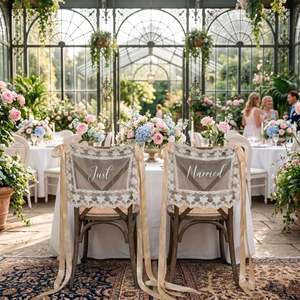 Élégantes bannières de chaise en dentelle transparente pour mariés, brodées « Just Married », pour décoration de table des mariés - Product Image 4
