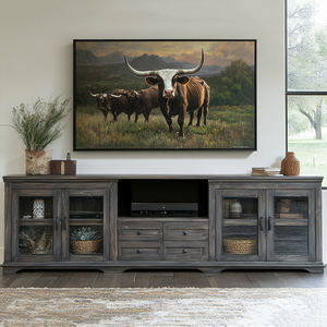 Meuble TV rustique en bois avec armoires de rangement et tiroirs, console multimédia longue pour salon - Product Image 1