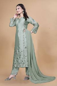 Haute qualité dames fête porter robes brodées vert clair 3 pièces Salwar Kameez avec Palazzo costumes Style indien pakistanais - Product Image 3