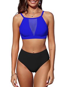 Women's Black Halter Bikini <b>Set</b> High Waist <b>Mesh</b> Detail Spandex Polyester Swimwear <b>Two</b> <b>Piece</b> Tankini Style - Product Image 2
