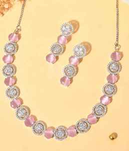 Ensemble collier et boucles d'oreilles en pierre AD de luxe pour femmes en gros avec pierre blanche et diamants roses pour femmes, à porter pour les fêtes - Product Image 3