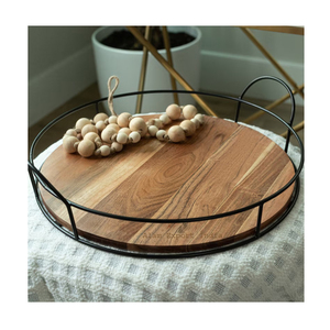 High Selling Mango Wooden Serving <b>Tray</b> Platter Round Shape Custom Size Metal Border Black Finished for Snacks Tea <b>Drinking</b> <b>Trays</b> - Product Image 3